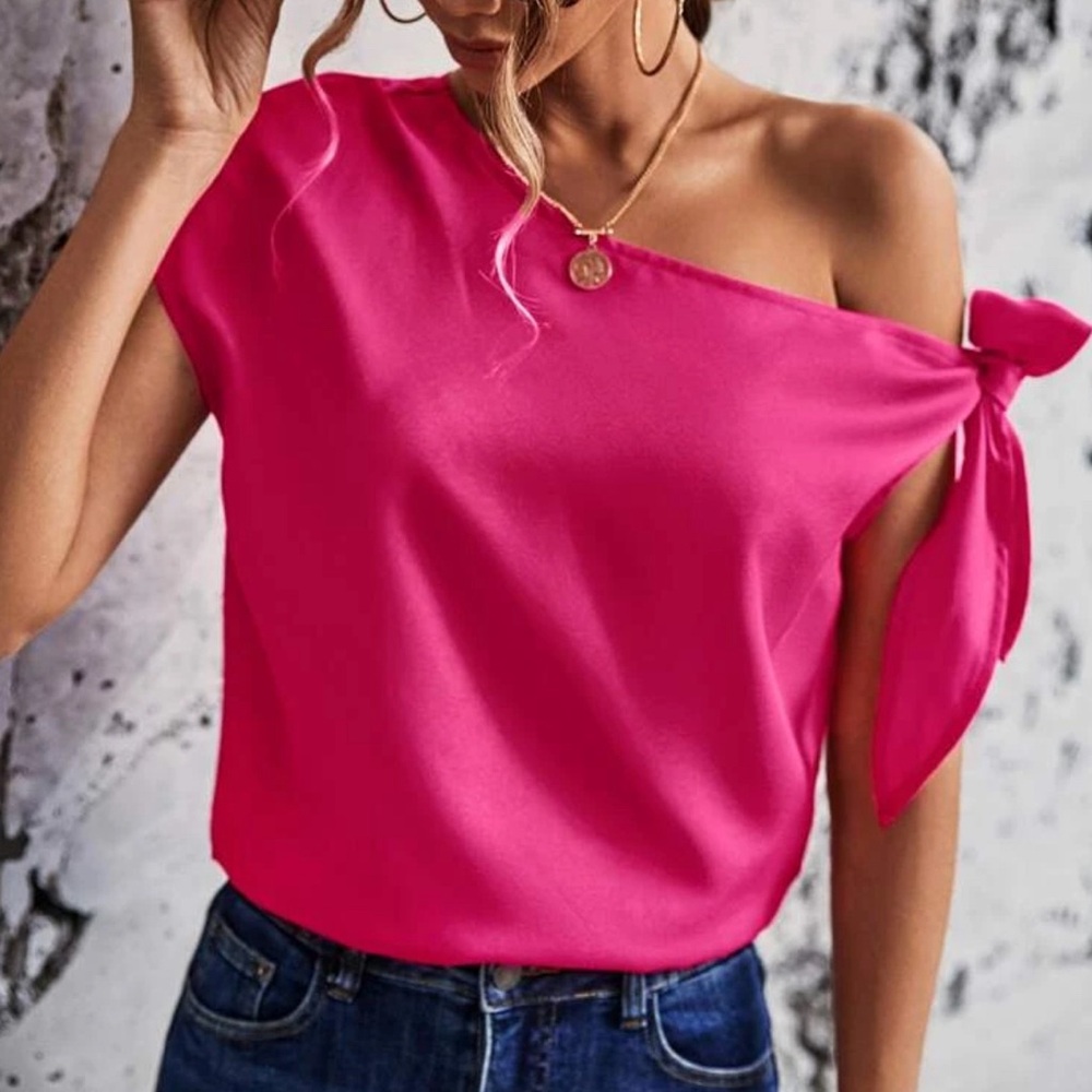 Knot Asymmetrical Neck Solid Blouse